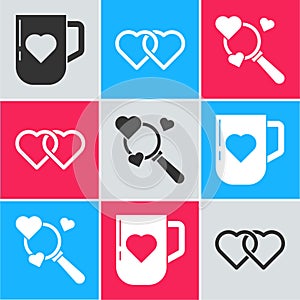 Set Coffee cup and heart, Two Linked Hearts and Search heart and love icon. Vector