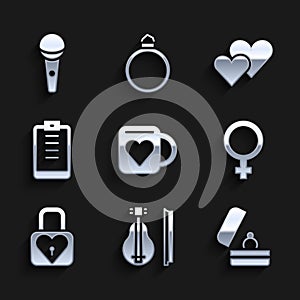 Set Coffee cup and heart, Violin, Wedding rings, Female gender symbol, Lock, Clipboard with checklist, Heart and