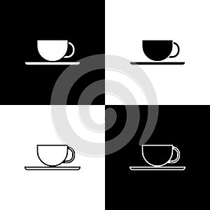 Set Coffee cup icon isolated on black and white background. Tea cup. Hot drink coffee. Vector Illustration