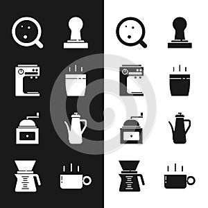 Set Coffee cup, machine, tamper, Manual coffee grinder, Teapot, and Pour over maker icon. Vector