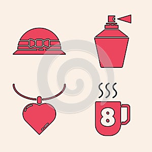 Set Coffee cup with 8 March, Elegant women hat, Perfume and Necklace with heart shaped pendant icon. Vector