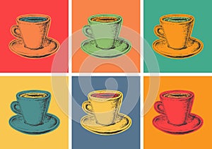 Set Coffee Cup. Mug Vector Illustration Pop Art Style