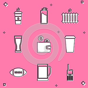 Set Coffee cup, Sport bottle with water, Heating radiator, Glass beer, Wallet coin and icon. Vector