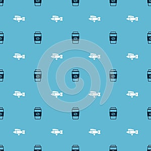 Set Coffee cup to go and Fish on seamless pattern. Vector