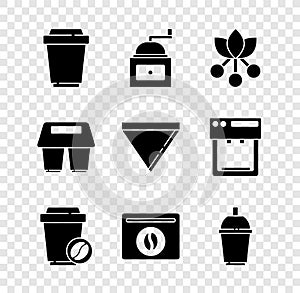 Set Coffee cup to go, Manual coffee grinder, bean, branch, Bag beans, and paper filter icon. Vector