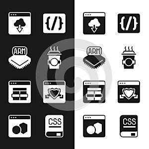 Set Coffee cup to go, Processor, Cloud technology data transfer, Programming language syntax, MySQL code, Browser with