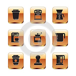 Set Coffee cup to go, tamper, Manual coffee grinder, machine, Pour over maker, Electric kettle and icon. Vector