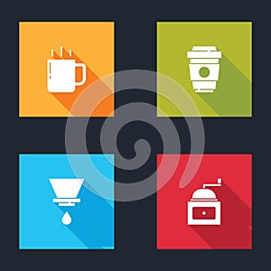 Set Coffee cup, to go, V60 coffee maker and Manual grinder icon. Vector