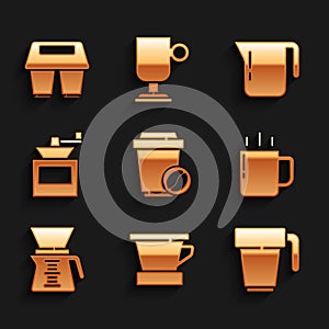 Set Coffee cup to go, V60 coffee maker, Pour over, Manual grinder, pot and icon. Vector
