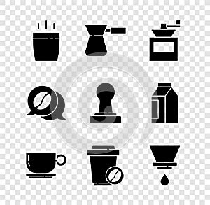 Set Coffee cup, turk, Manual coffee grinder, to go, V60 maker, and conversation and tamper icon. Vector