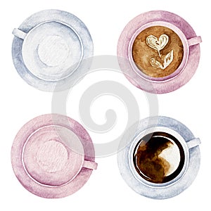 Watercolor set of coffee cups with heart sign and latte art top view collection isolated on white background