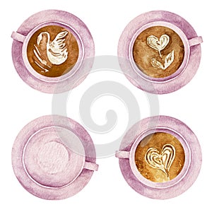 Watercolor set of pink coffee cups with heart sign and latte art top view collection isolated on white background