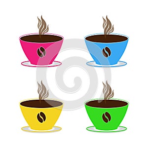 Set coffee cups with hot coffee and steaming different bright colors of pink blue yellow green on saucers on a white background