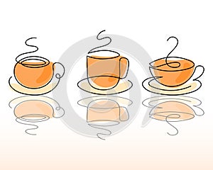 Set of coffee cups on saucers, line art. Black contour and colored spots with reflection. Drinks illustration