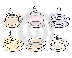 Set of coffee cups on saucers, line art. Black outline and colored patches in pastel colors. Icons, drinks illustration