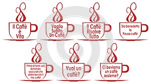 Set of coffee cups with sentences, isolated, in Italian