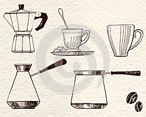 Set coffee dishes: coffee pot, traditional coffee pot, cups and coffee beans.