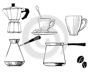 Set coffee dishes: coffee pot, traditional coffee pot, cups and coffee beans. For coffee house, restaurant menu.