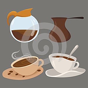 Set of coffee drinks in cups. Collection of cartoon cups of coffee. Vector illustration of hot drinks for coffee house.