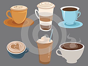 Set of coffee drinks in cups. Collection of cartoon cups of coffee. Vector illustration of hot drinks for coffee house.