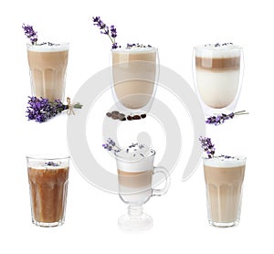 Set of coffee drinks with lavender on white background