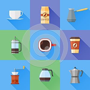 Set of coffee flat style icons with long shadow. Vector illustration.