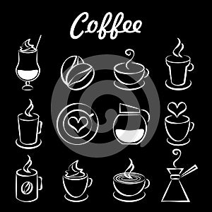 Set of coffee icons on black