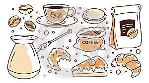A set of coffee illustrations. Cup, turkey, macaroons, cake, coffee beans.