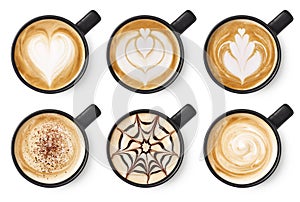Set of coffee latte or cappuccino foam art