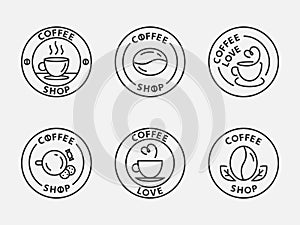 Set of coffee logo design for coffeeshop or cafe. Espresso or cappuccino vector sign. Creative logotype, trendy line icon