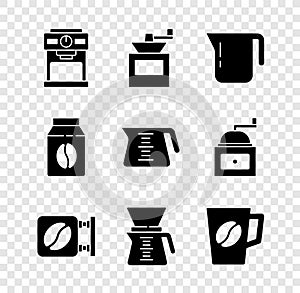 Set Coffee machine, Manual coffee grinder, pot, Street signboard, Pour over maker, cup, Bag beans and icon. Vector