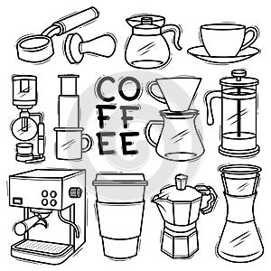 Set Coffee Makers Tools Element Drawn Doodle