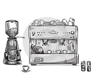 Set coffee making equipment. Coffeemaker and grinder.