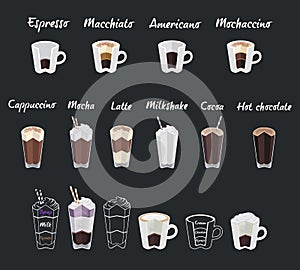 Set of coffee menu with a cups of coffee drinks