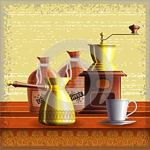 Set of coffee mill, turkish cezve, textile bags and small white cup