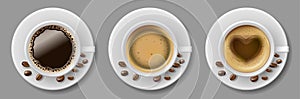 Set of coffee mug top view with coffee beans. Cappuccino espresso, latte, mocha, americano in realistic white cup