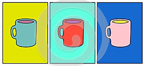 Set Coffee Mug Vector Illustration. Pop Art. Memphis Style