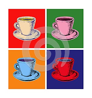 Set Coffee Mug Vector Illustration Pop Art Style