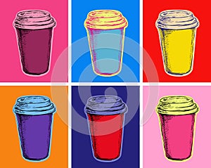 Set Coffee Mug Vector Illustration Pop Art Style