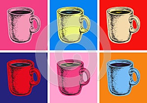 Set Coffee Mug Vector Illustration Pop Art Style