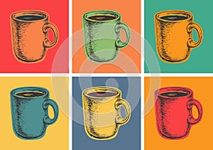 Set Coffee Mug Vector Illustration Pop Art Style