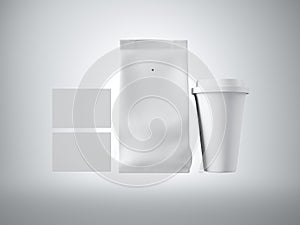 Set of coffee package, take away cup and two blank business cards. White background. 3d render