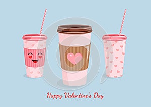 Set of coffee paper cups with a cute face and hearts for a postcard, textiles, decor, poster. Vector illustration of a