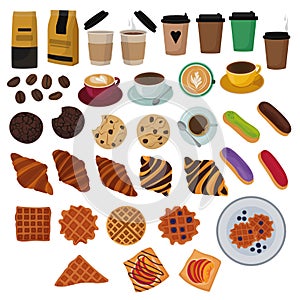 Set with coffee and pastries in a flat style photo