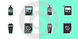 Set Coffee poster, Bottle with milk, Milkshake and Paper package for icon. Vector