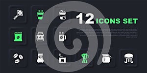 Set Coffee pot, table, jar bottle, maker moca, Bag coffee beans, Pour over, cup to go and Manual grinder icon. Vector