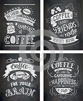 Set of Coffee quotes on the chalkboard. Vector hand-drawn lettering .