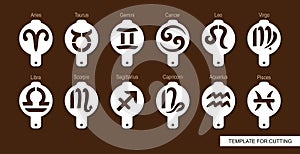 Set of coffee stencils. Aries, Taurus, Leo, Gemini, Virgo, Scorpio, Libra, Aquarius, Sagittarius, Pisces, Capricorn, Cancer.