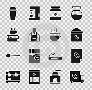 Set Coffee street truck machine, poster, Bag coffee beans, jar bottle, Barista, cup and book, Milkshake and icon. Vector
