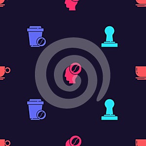 Set Coffee tamper, cup to go, Barista and on seamless pattern. Vector